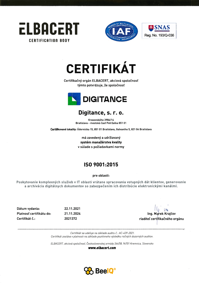 Digitance BeeIQ ISO 9001